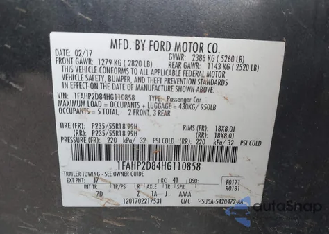 2017 Ford Taurus Se из США, поврежденный, VIN 1FAHP2D84HG110858